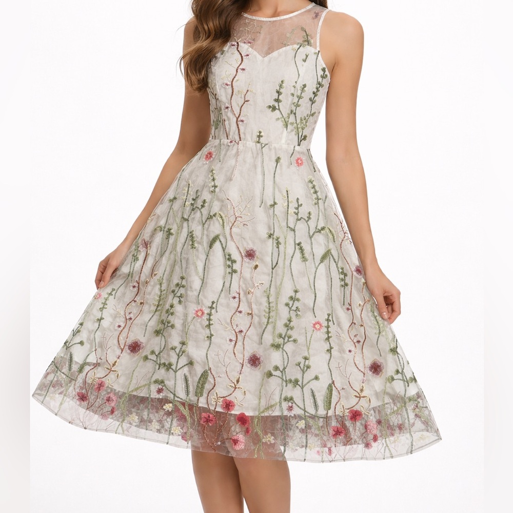 White Mesh Floral Dress with Lace Overlay